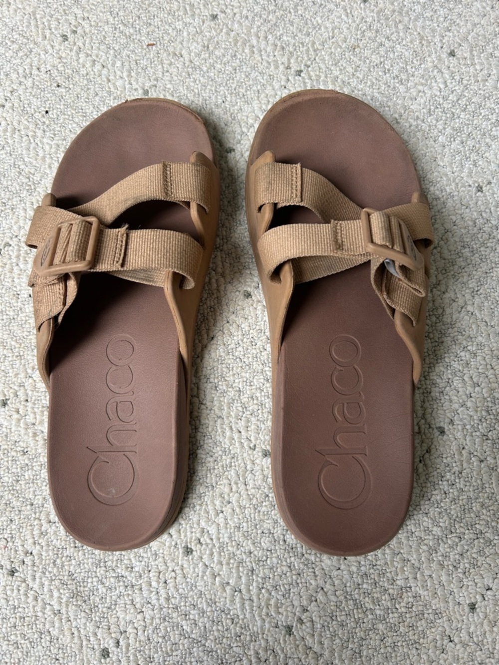 Chaco Tan and Brown Slide Sandals with Adjustable Straps